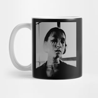 Beautiful girl, with some scars and tattoo. Like warrior. Grayscale. Mug